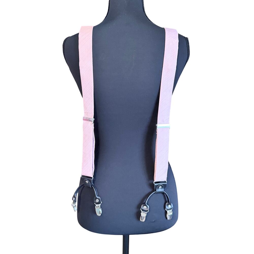 Menswear pink silk Italian made suspenders hand tailored black leather clips